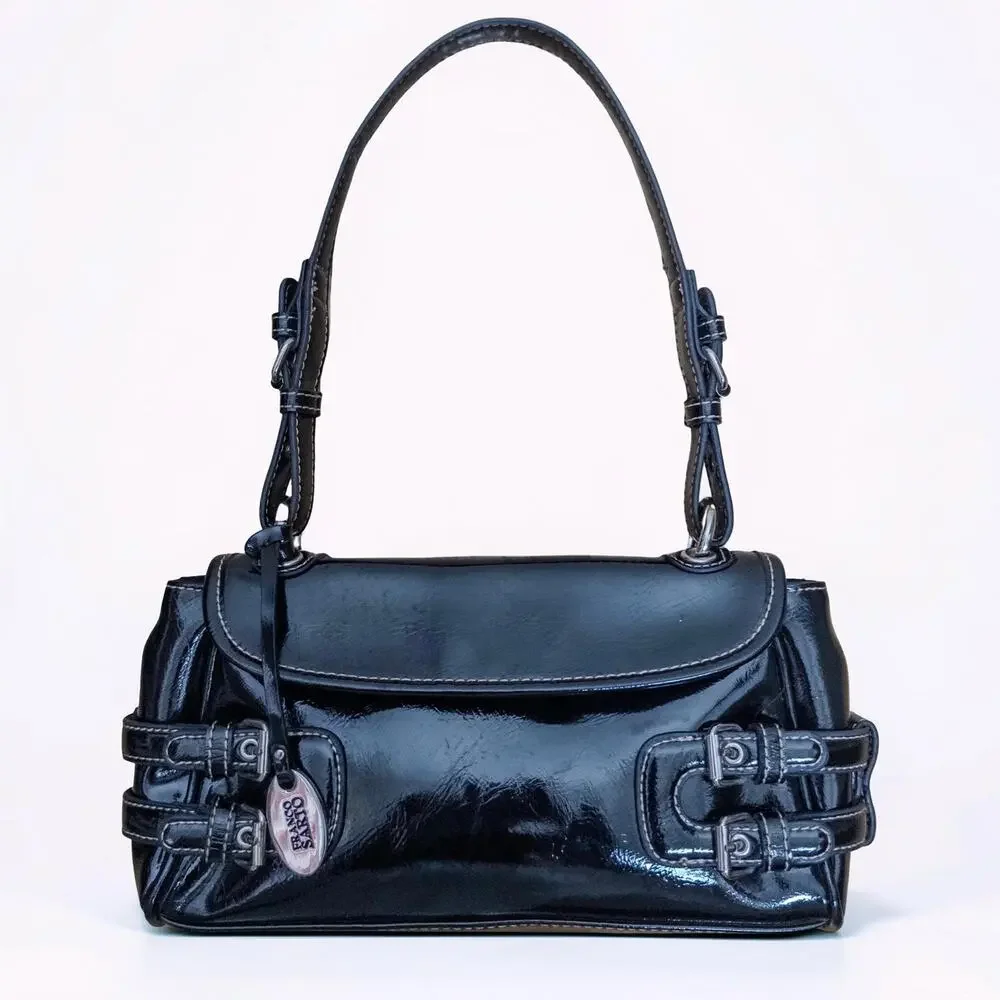 Y2K Franco Sarto Black Patent Leather Buckle Shoulder Bag